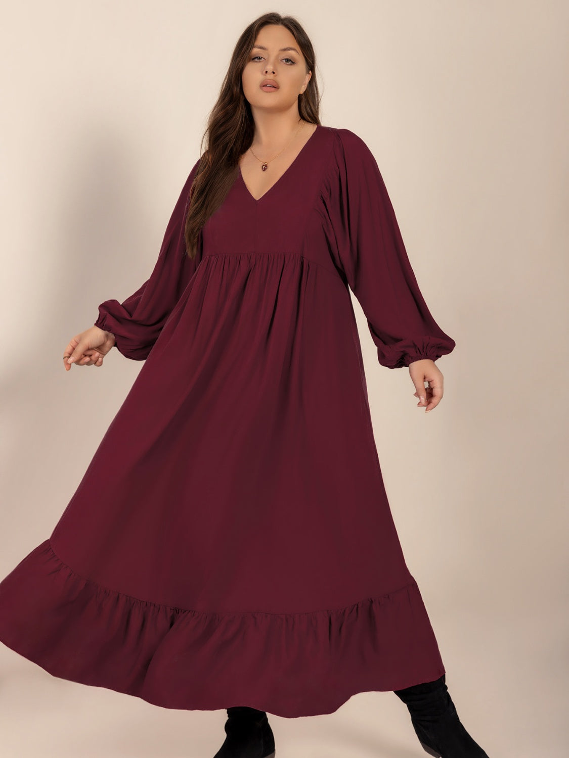 Plus Size Ruffled Hem V-Neck Balloon Sleeve Dress