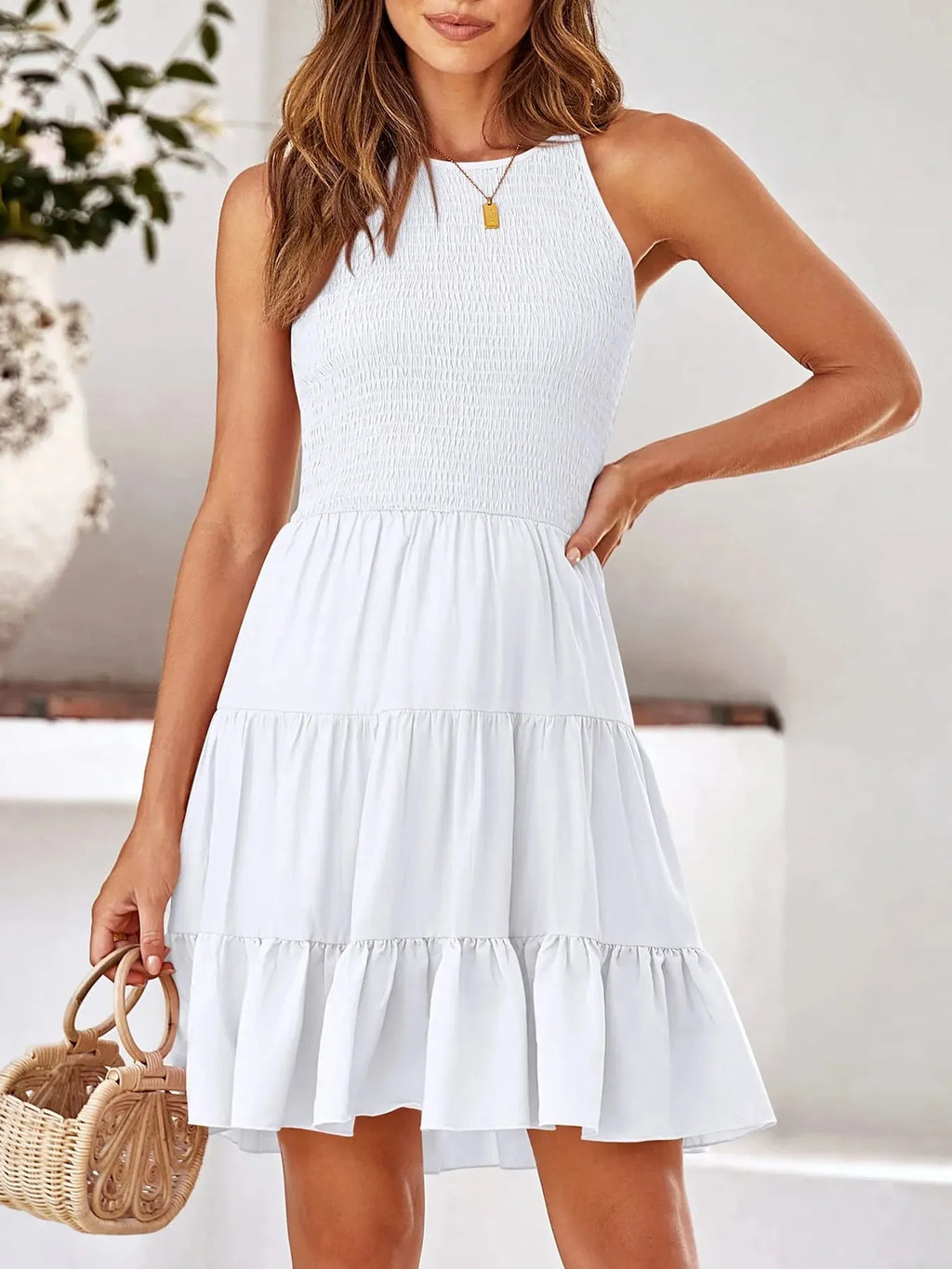 Full Size Sleeveless Smocked Tiered Summer Flare Dress Plus Size White