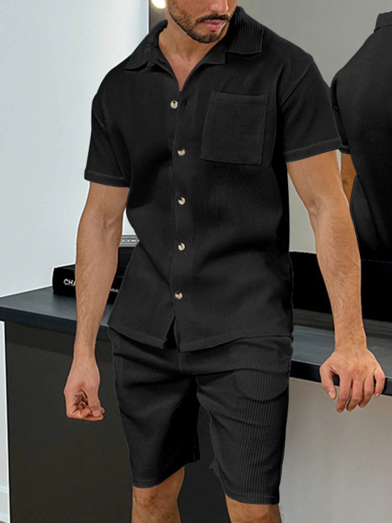 men's men's full size button up top and shorts set plus size - detail shot