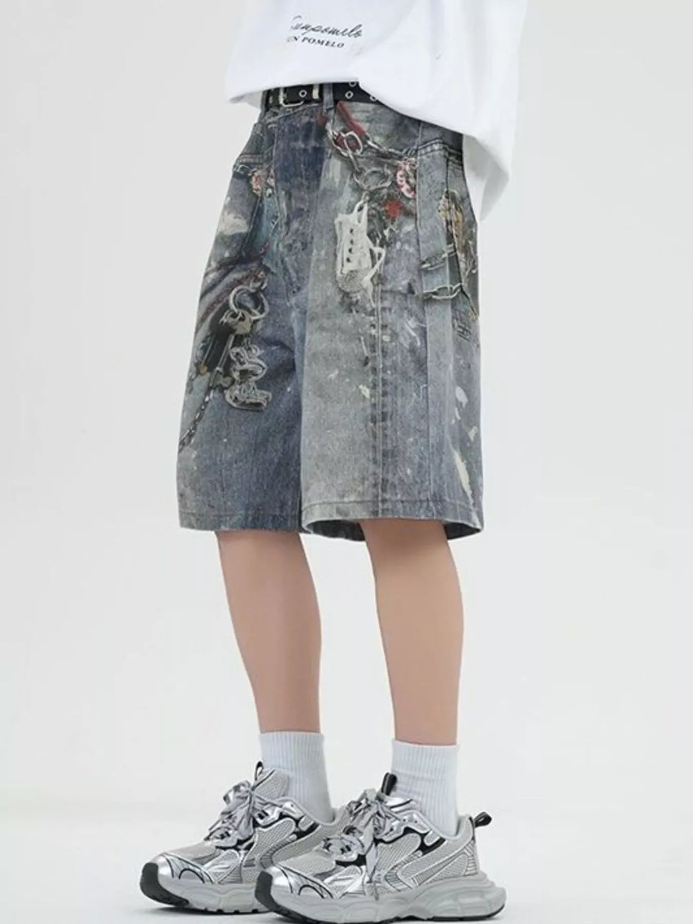 men's men's full size vintage chain print denim shorts plus size - side view