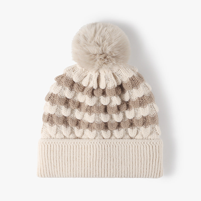 Striped Contrast Knit Hat with Pom-pom Beige One Size