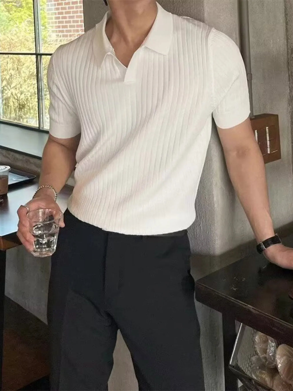 men's men's plus size ribbed knit short sleeve top - detail shot