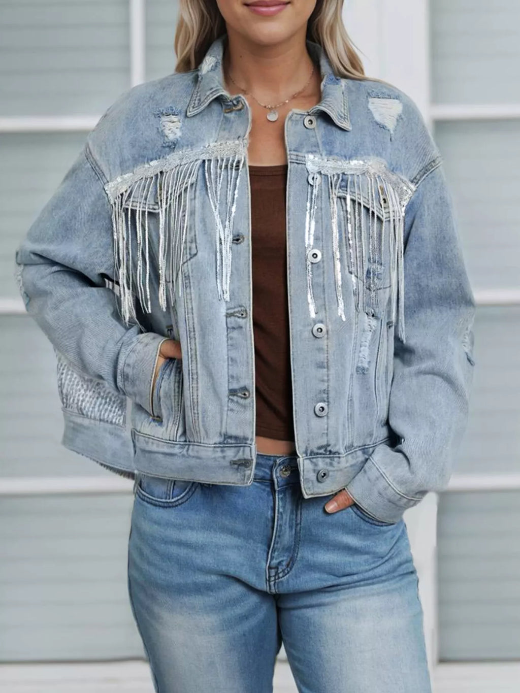 women's fringed sequin embellished denim jacket - main product image