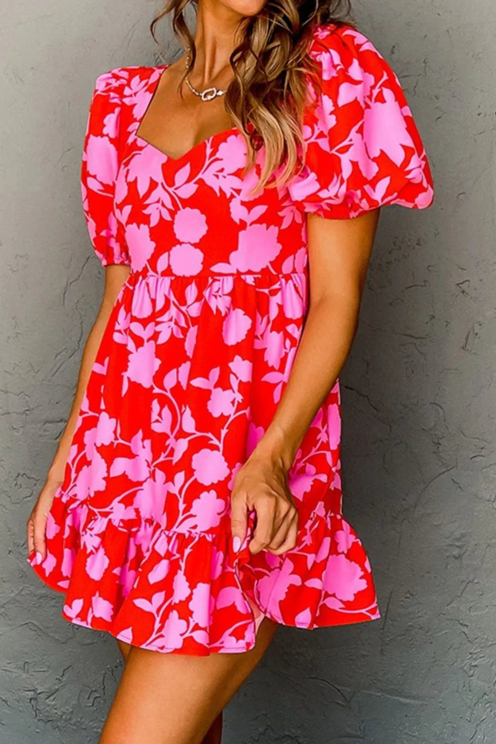 women's floral puff sleeve sweetheart neck ruffled mini dress - product detail