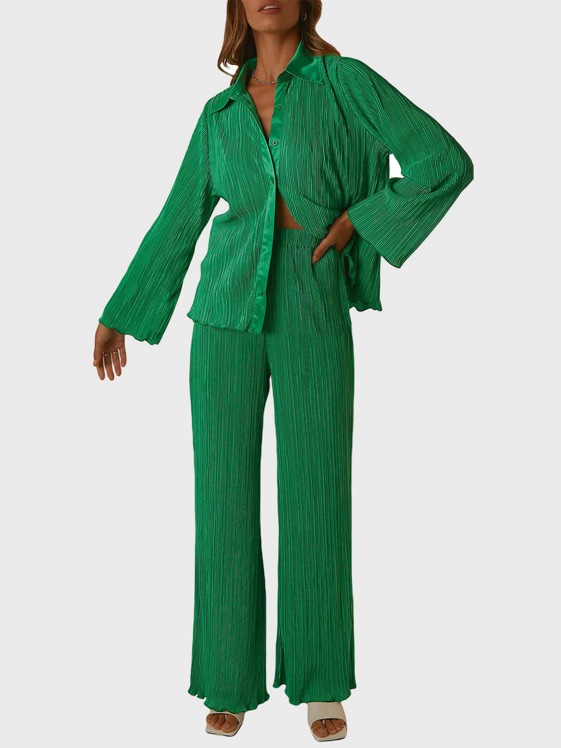 Collared Neck Long Sleeve Top and Pants Lounge Set Dark Green