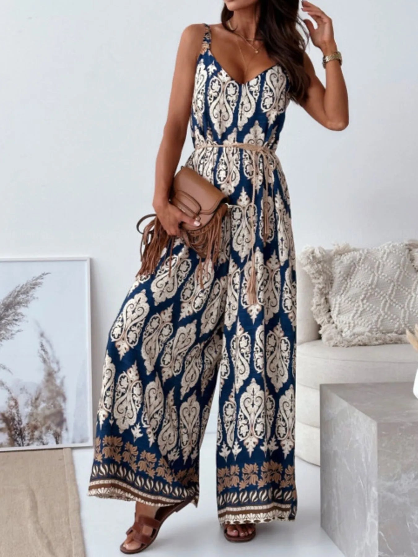 Paisley Print Spaghetti Strap Wide Leg Jumpsuit