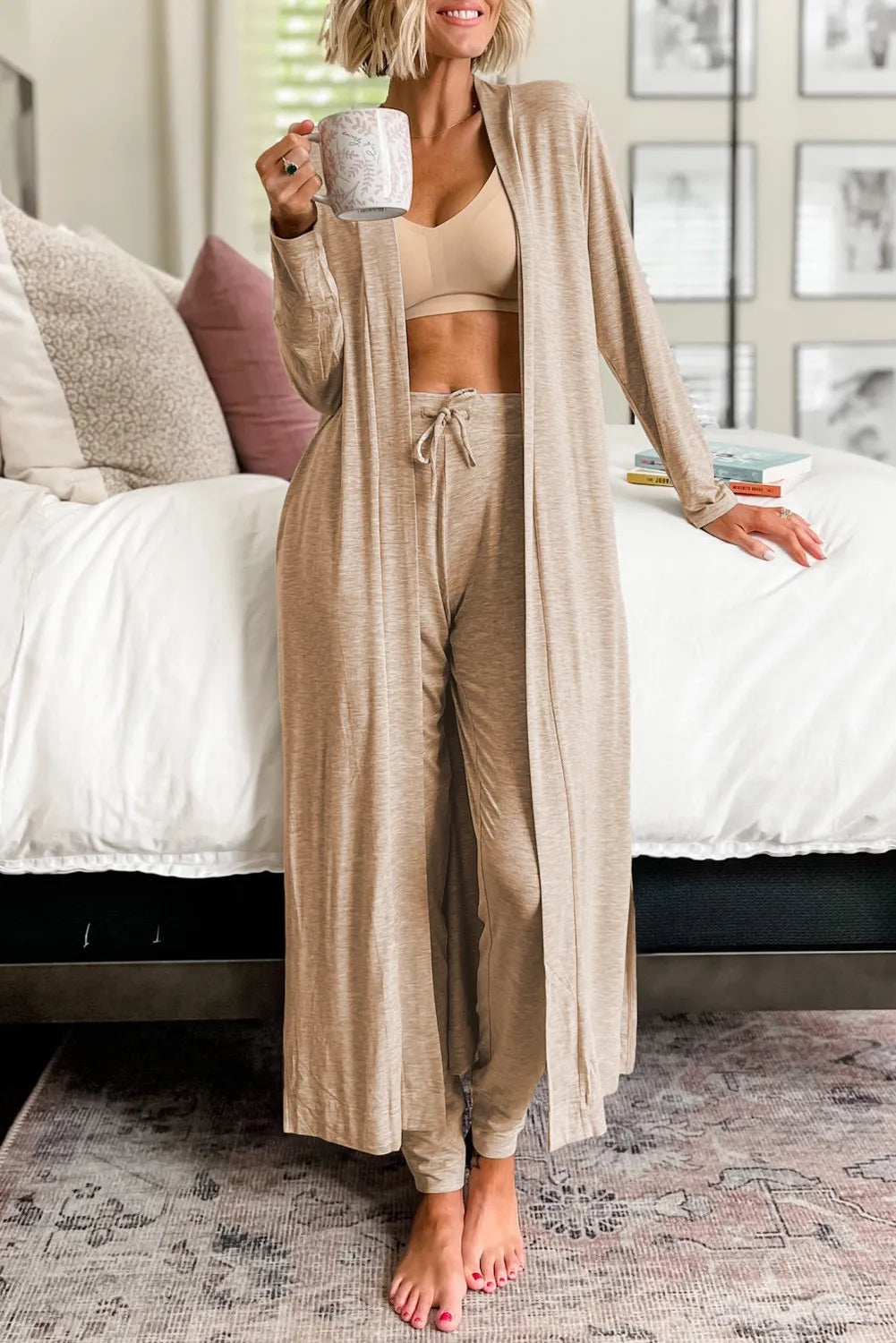 Open Front Long Sleeve Cardigan and Pants Lounge Set Tan