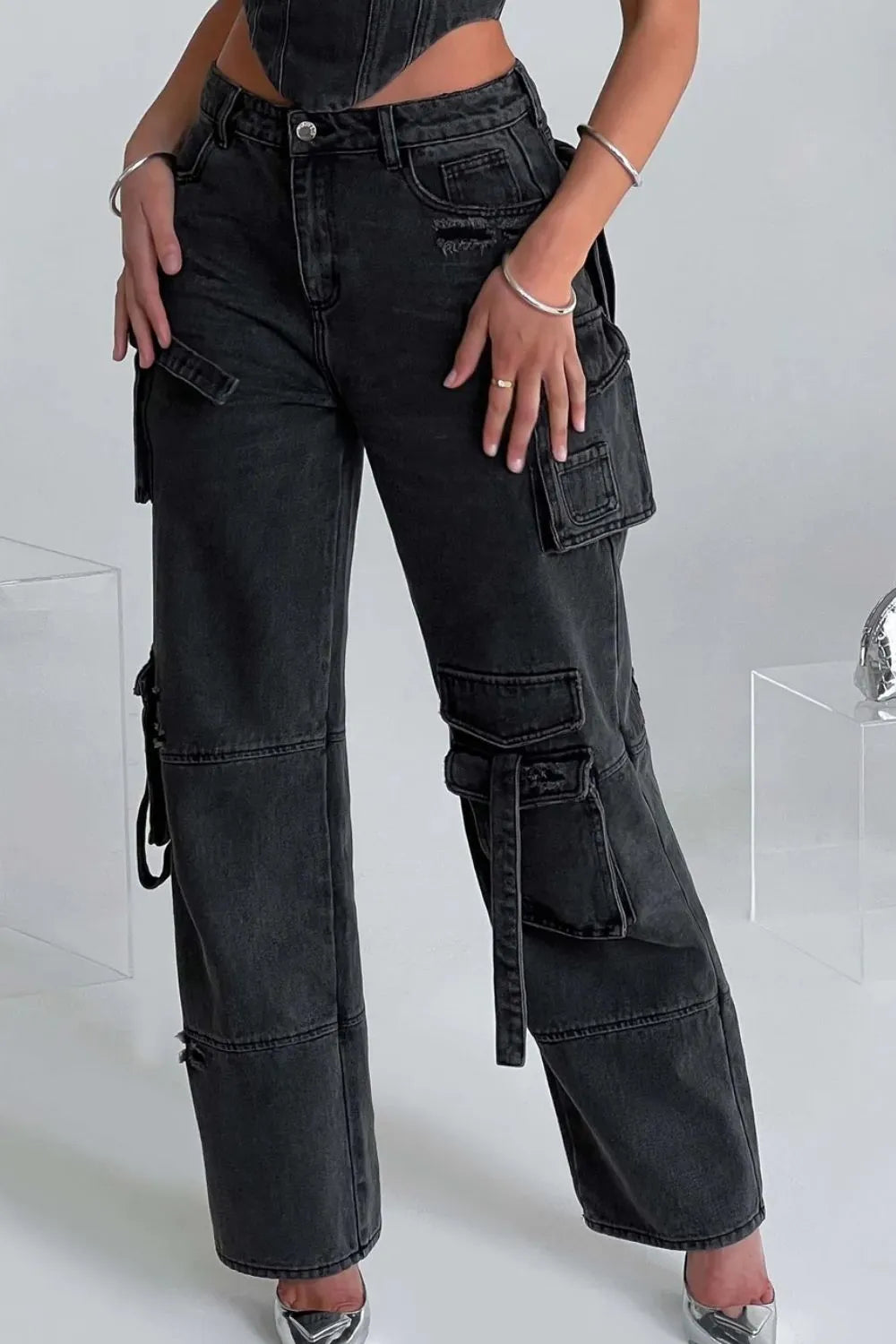 High Waist Cargo Wide Leg Jeans