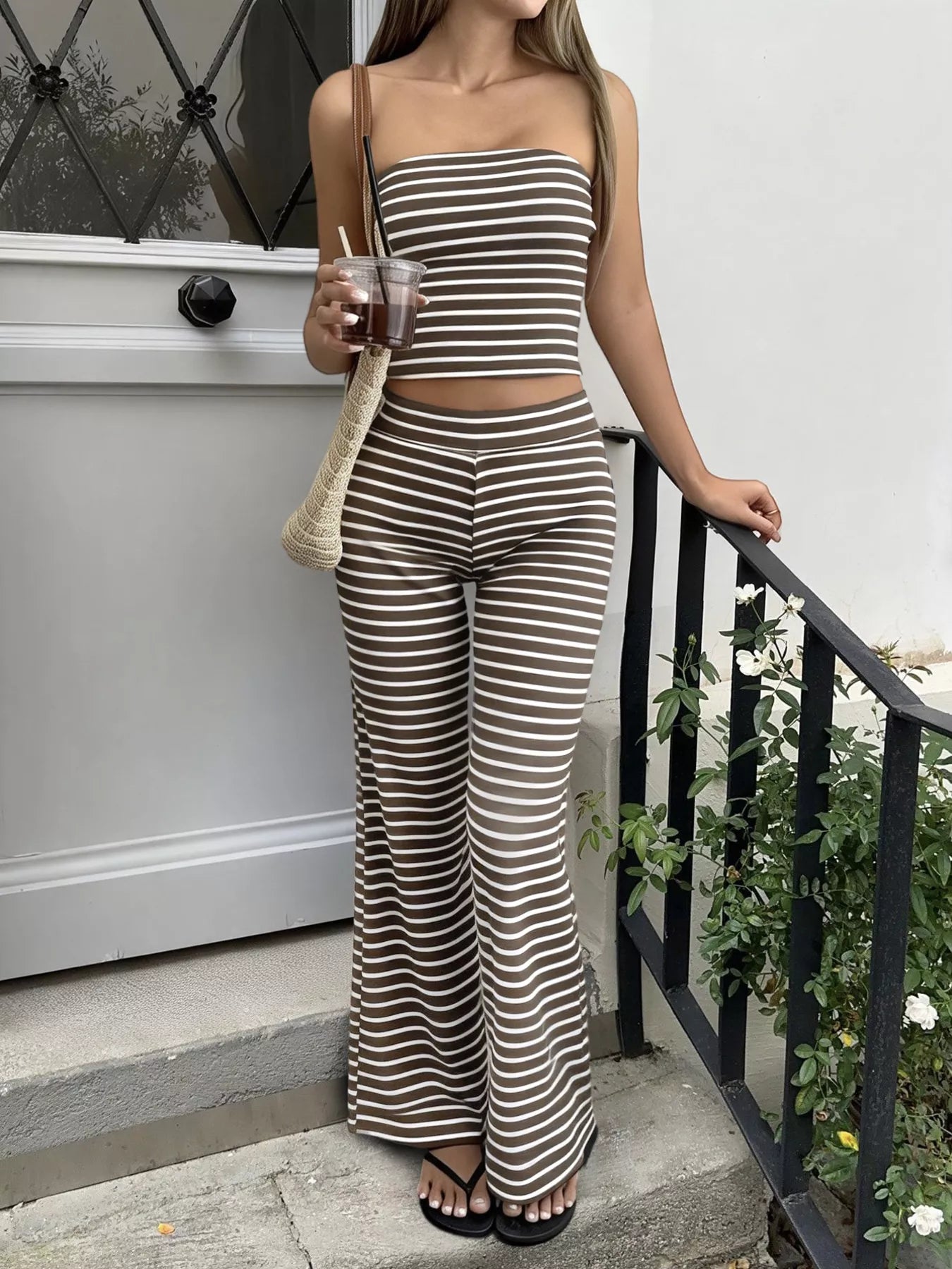 women's striped tube top and wide leg pants set - additional angle