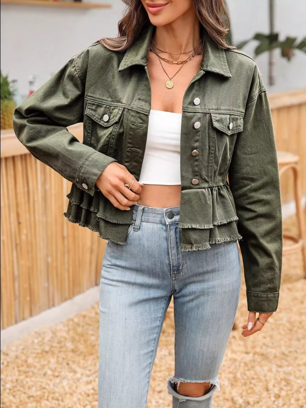 women's ruffle raw hem denim jacket - styled view