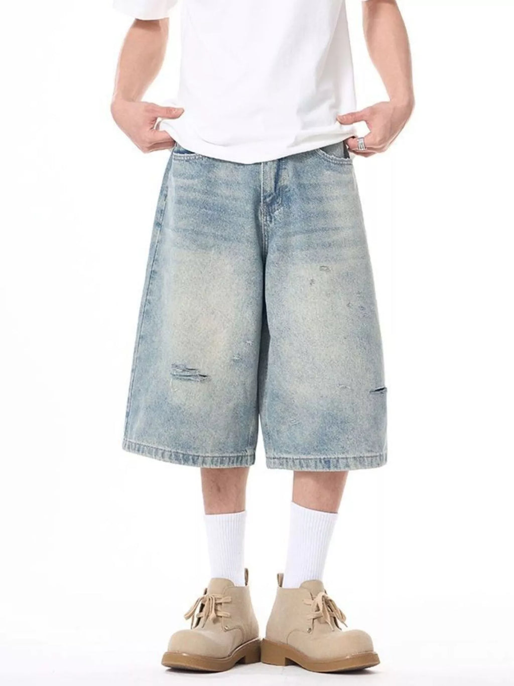 men's men's plus size distressed washed demin shorts - close-up detail