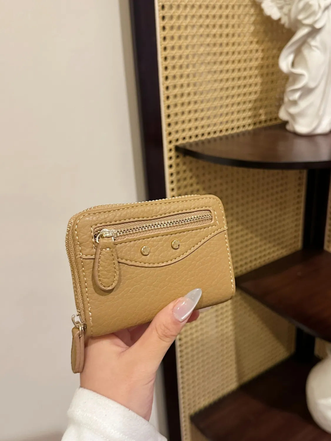 PU Leather Solid Color Card Case Tan One Size