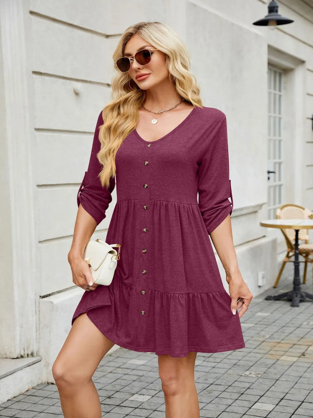 Tiered Ruched V-Neck Mini Dress