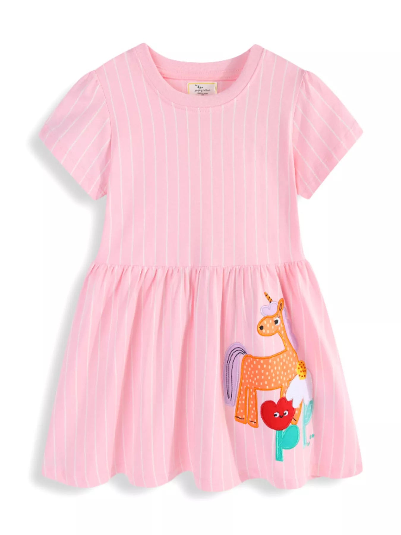 women's children's striped unicorn short sleeve dress - front view
