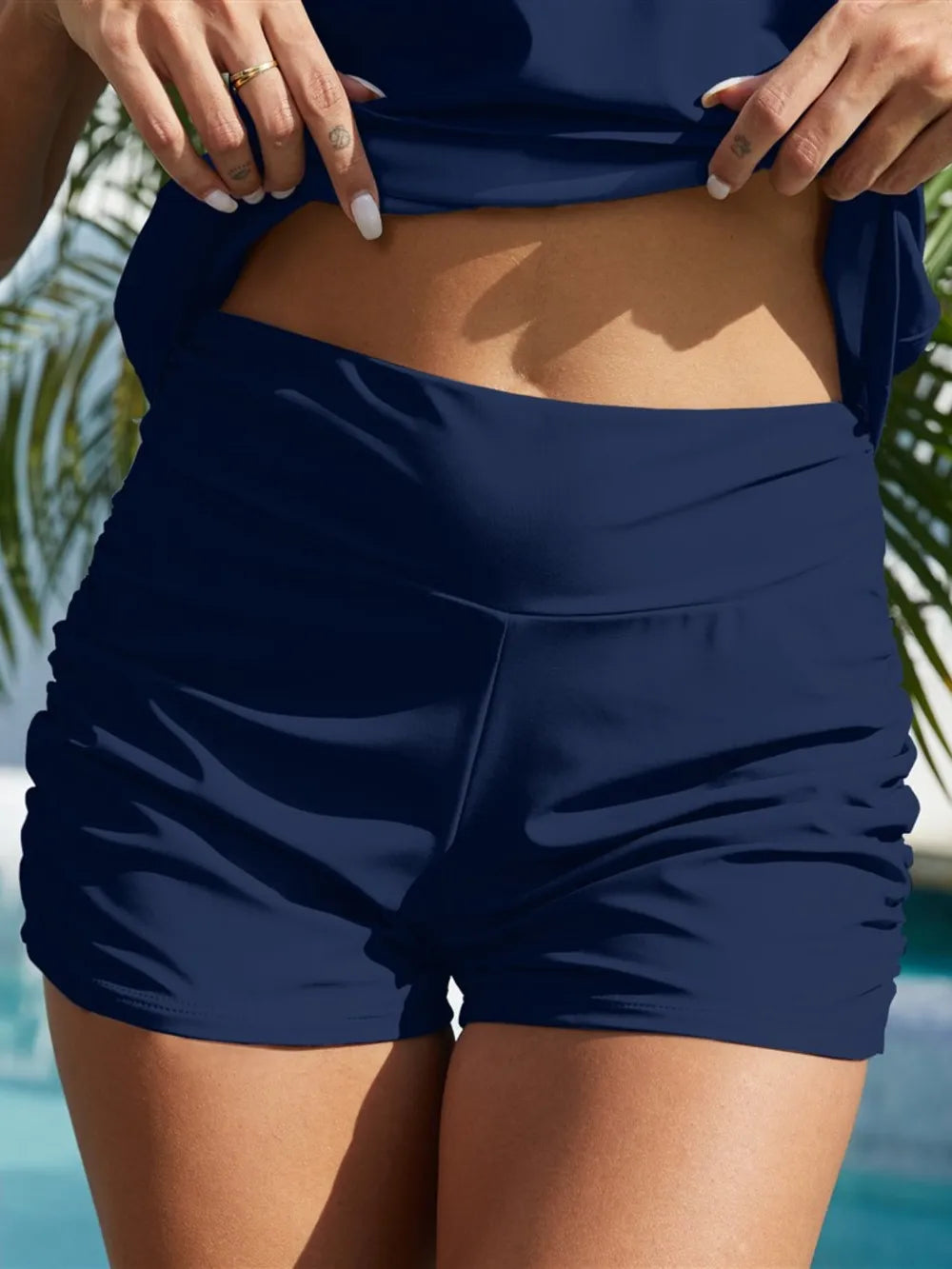 FAM-FAM Ruched Mid-Rise Waist Swim Shorts Dark Blue