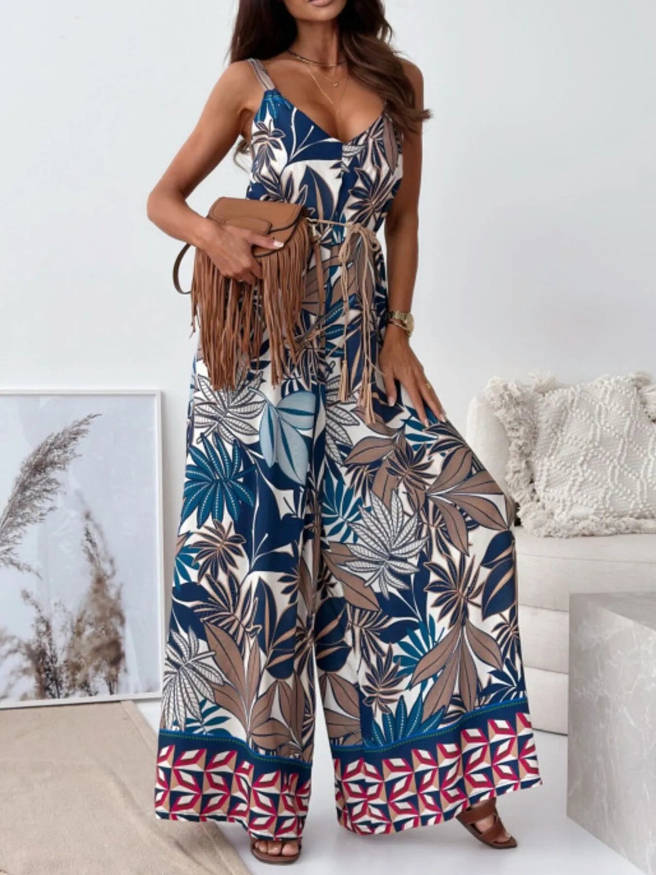 Paisley Print Spaghetti Strap Wide Leg Jumpsuit Big Leaves