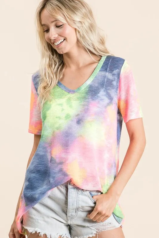 women's bibi tie dye print low gauge deep u neck top - product showcase