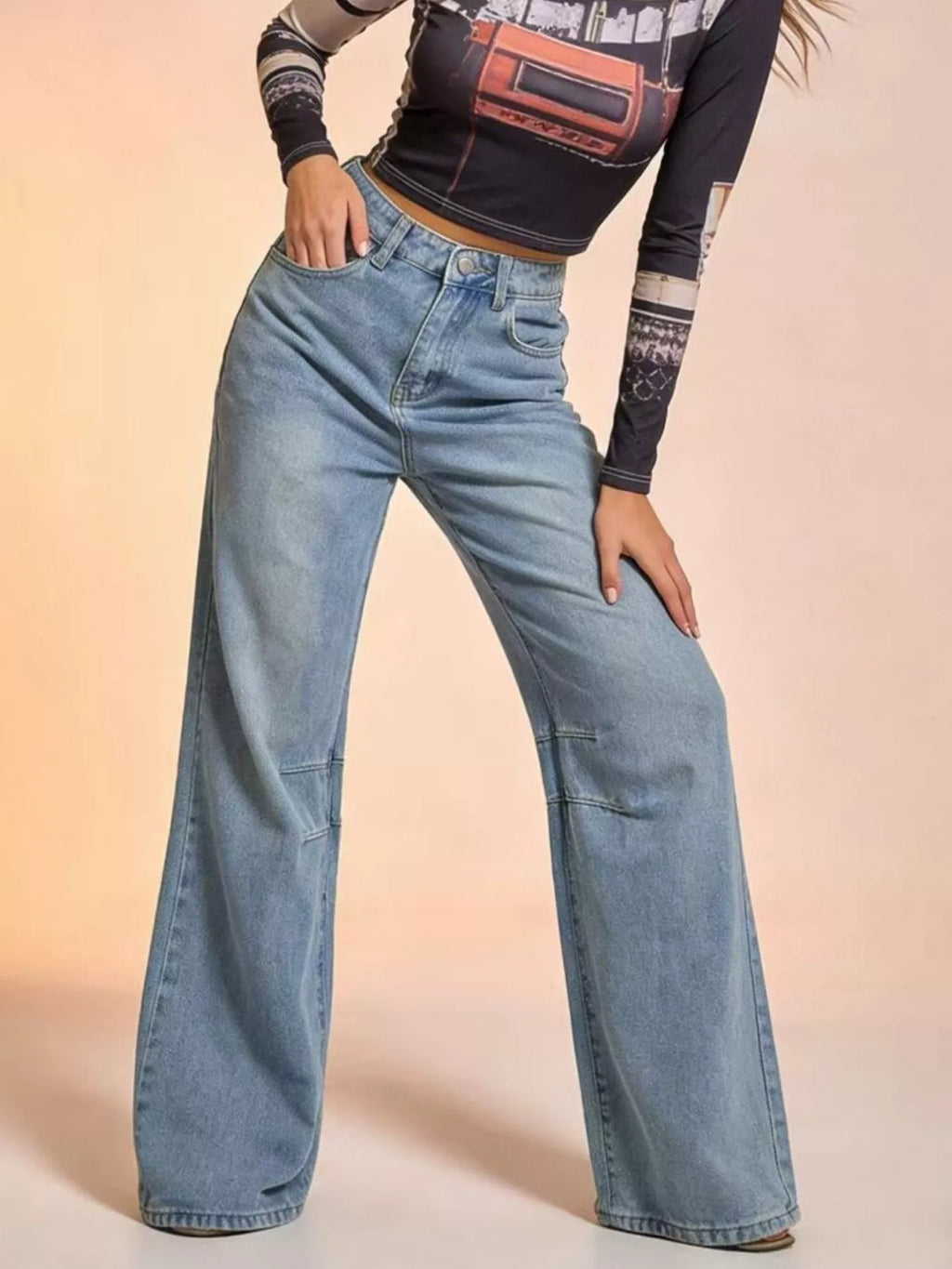 women's wide leg wash jeans - styled view