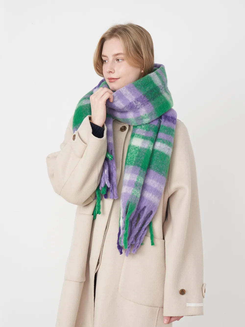 chunky knit scarf styled with hat