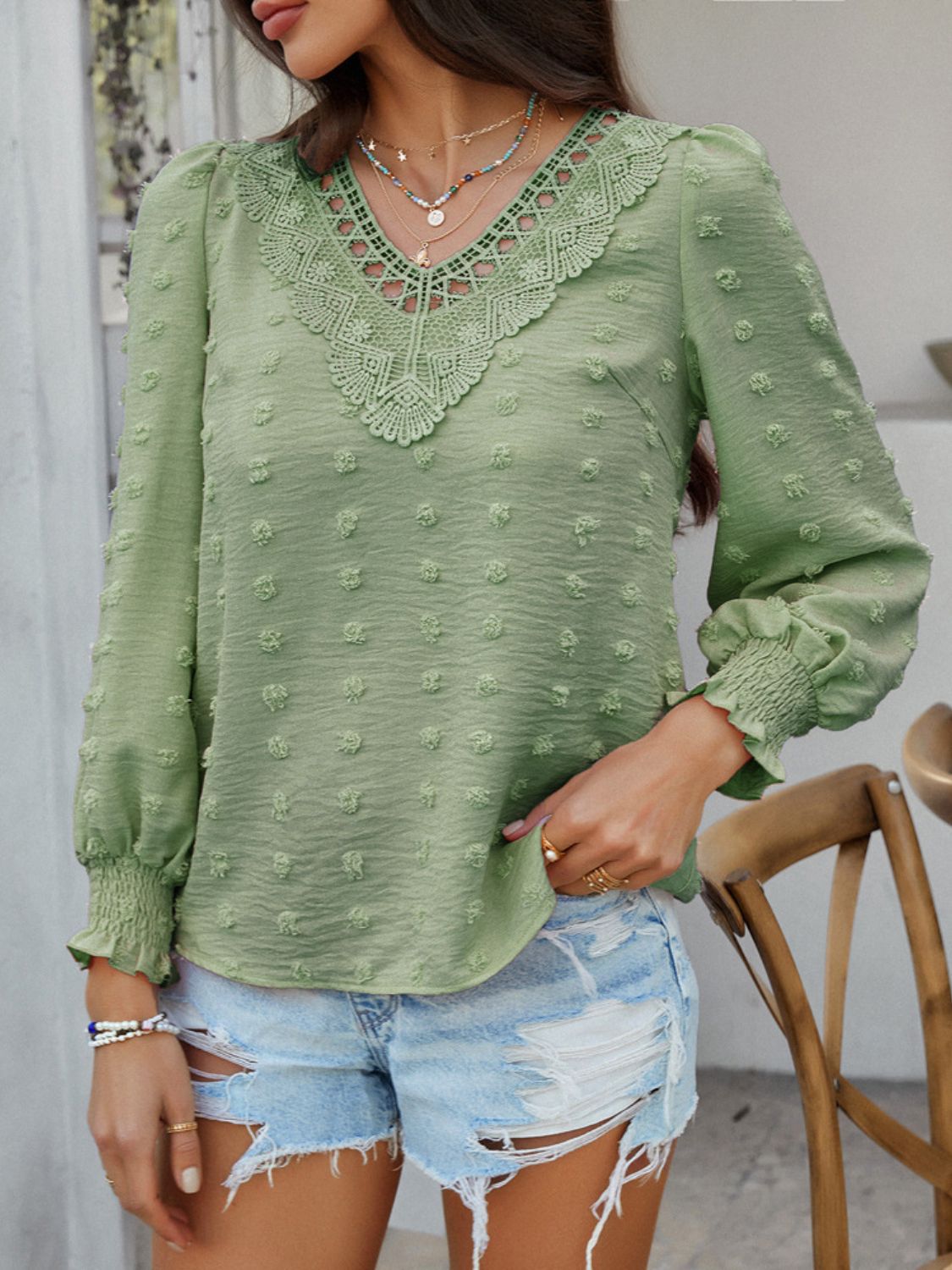 Devine Swiss Dot Lace Detail V-Neck Long Sleeve Blouse Sage