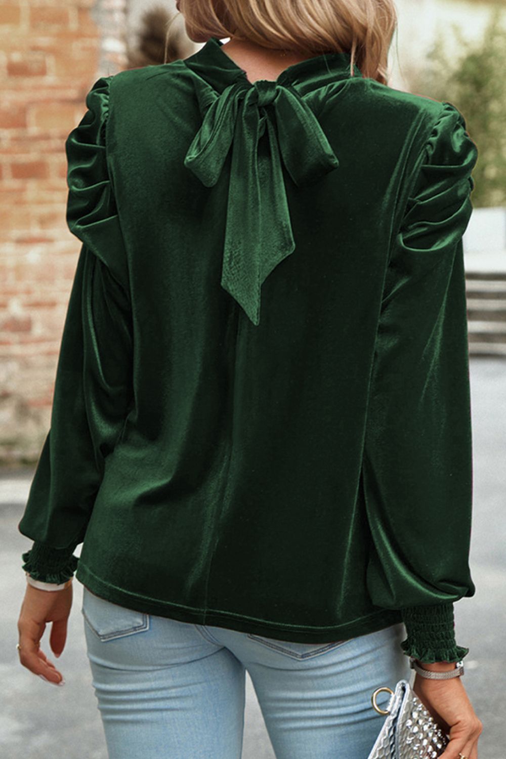 Tie Up Mock Neck Velvet Fabric Long Sleeve Blouse Green