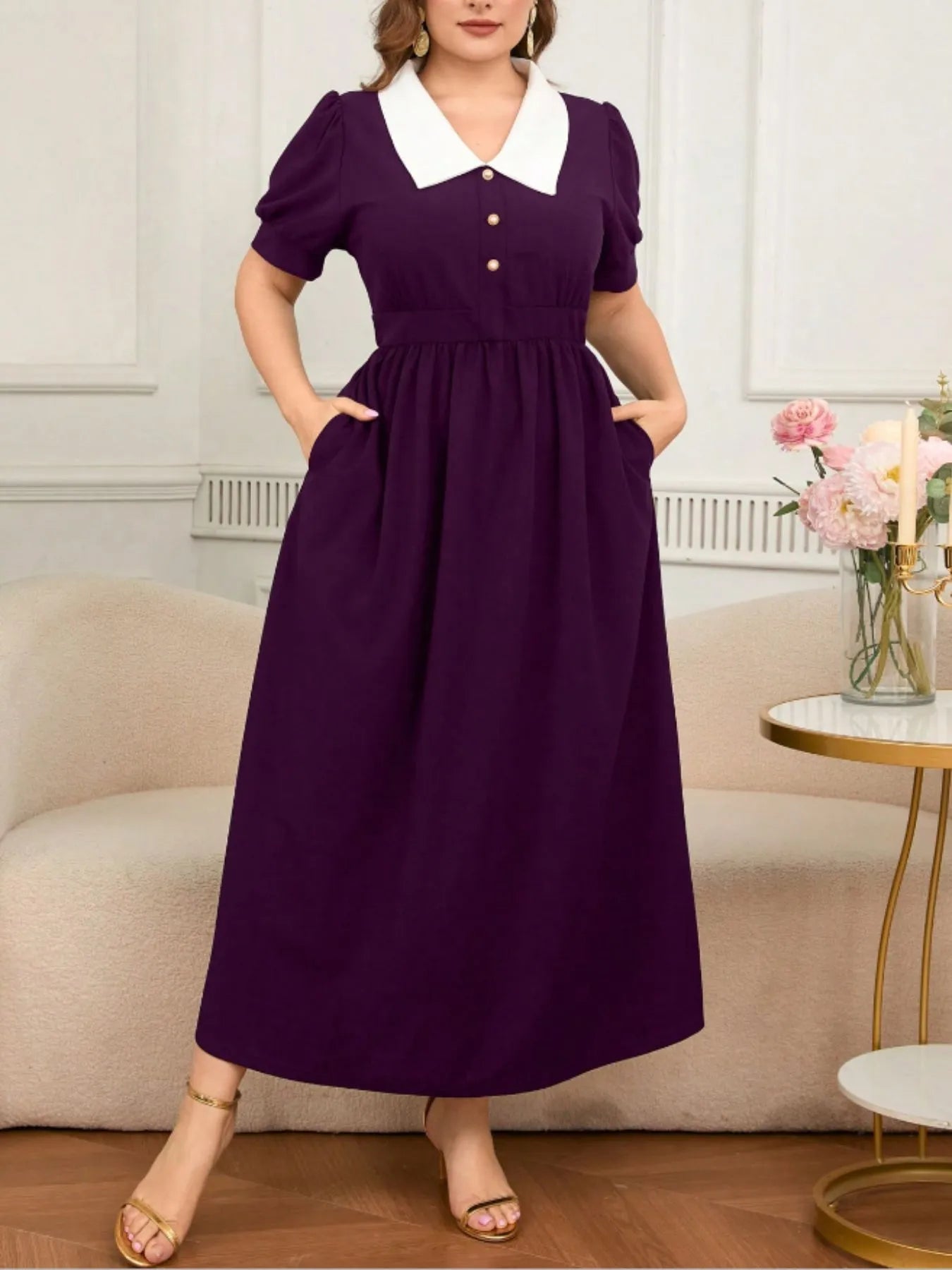 Plus Size Contrast Collar Short Sleeve Dress Plum Purple