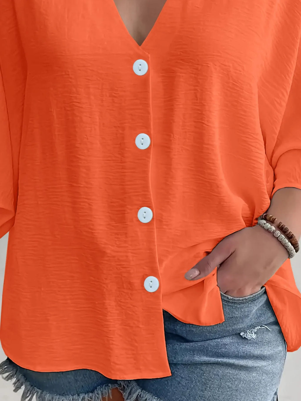 Full Size Casual V-Neck Button Down Relaxed Fit Blouse Plus Size