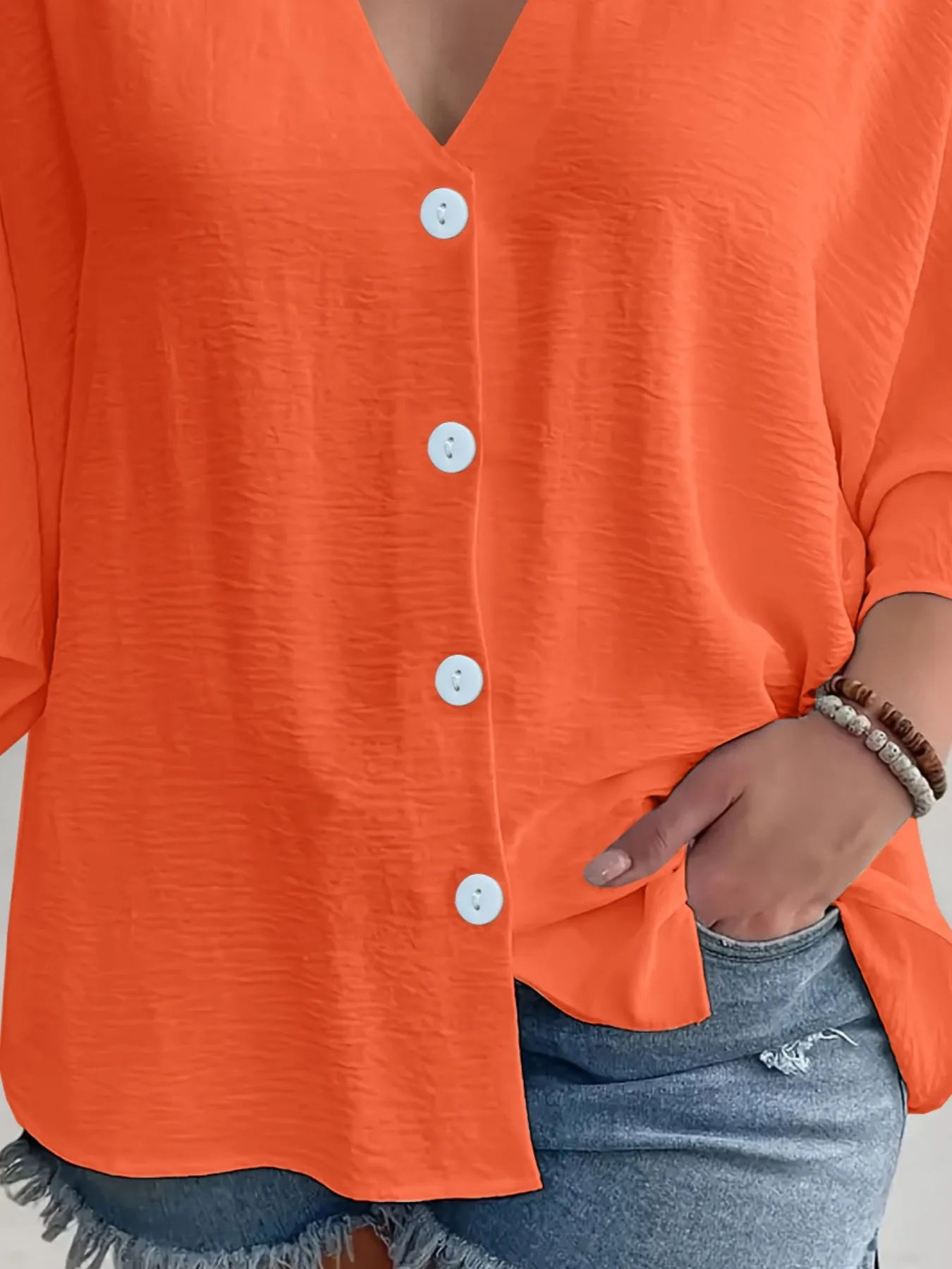 Full Size Casual V-Neck Button Down Relaxed Fit Blouse Plus Size