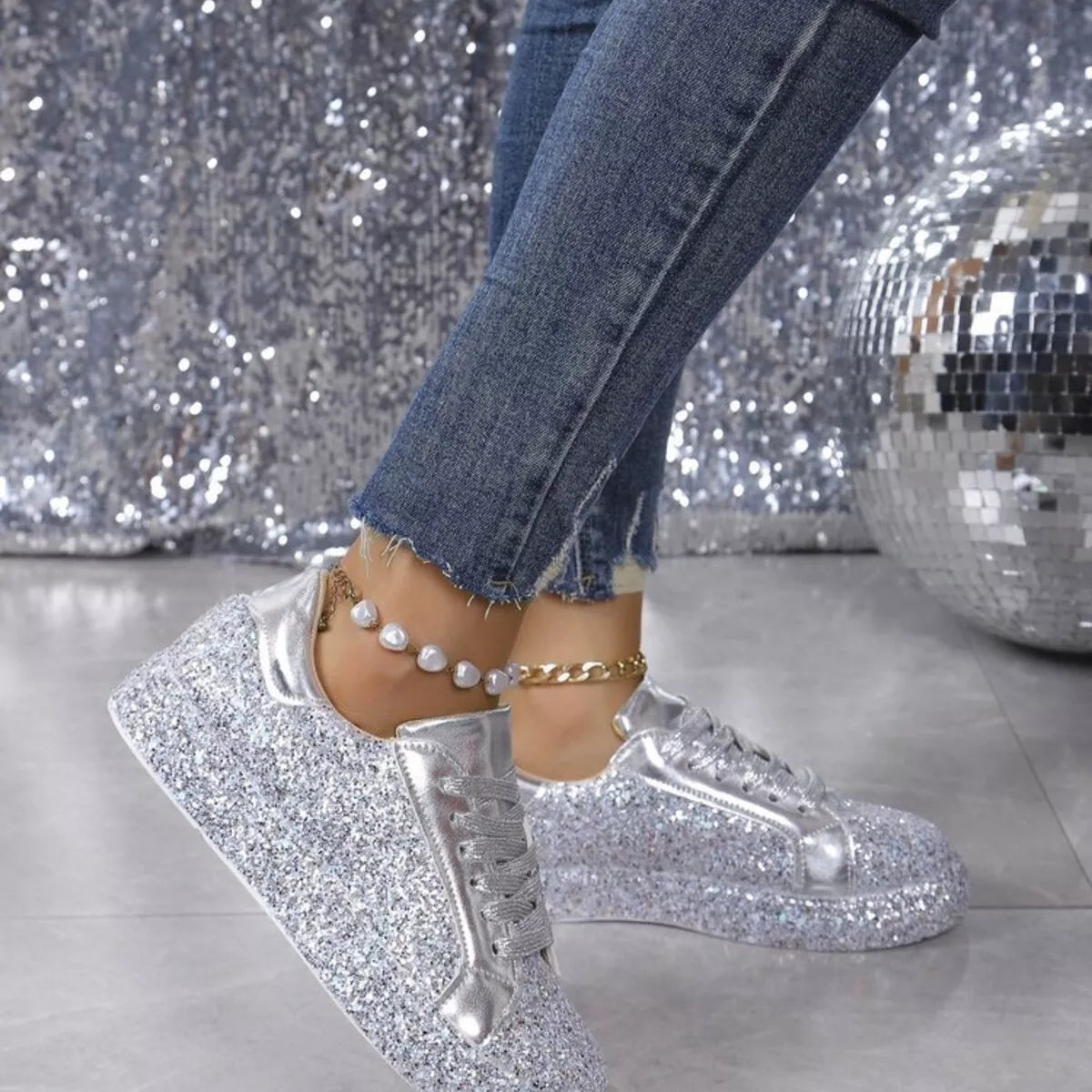 women's sparkling lace up sneakers - additional image