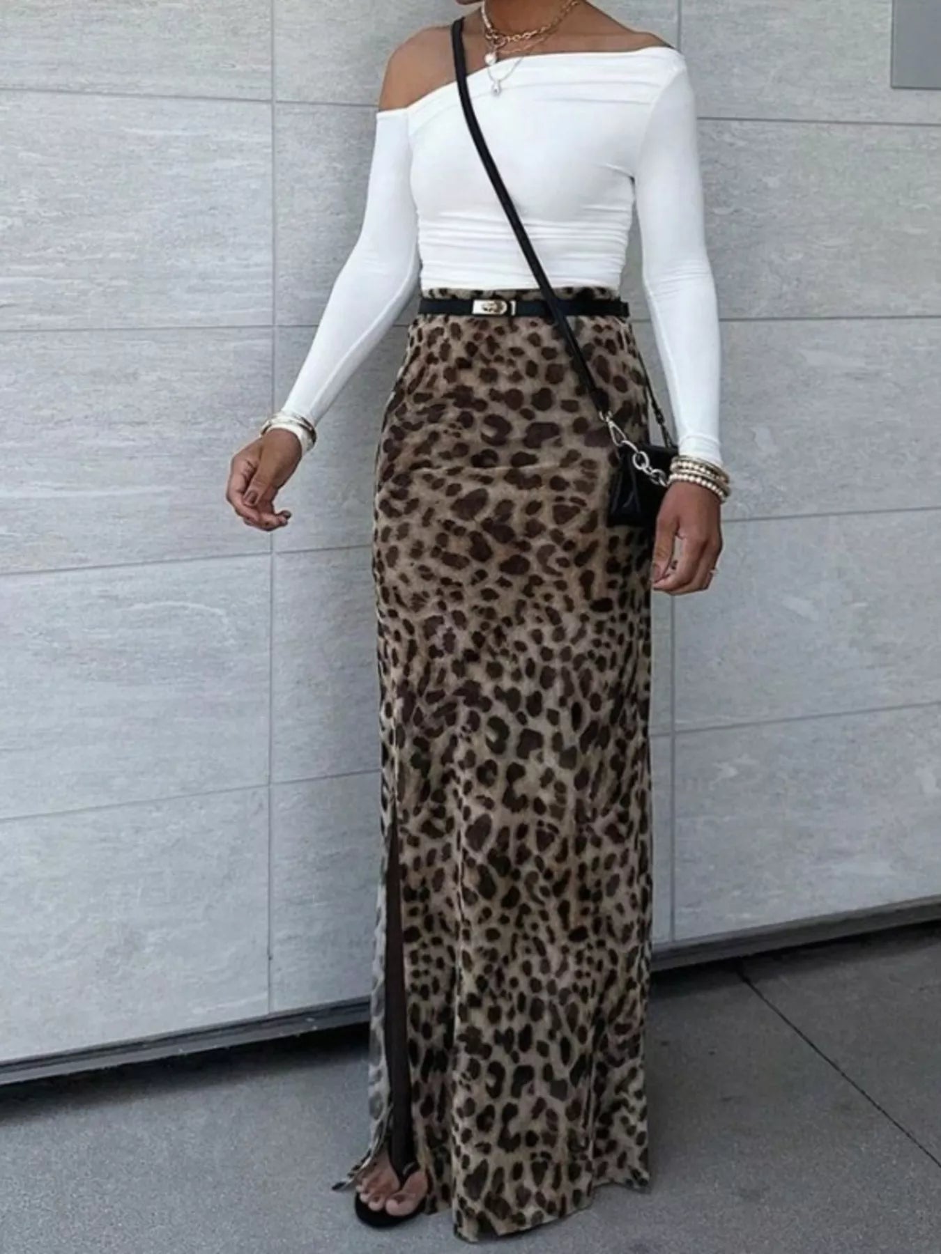 women's leopard print high-waisted maxi skirt - styling option