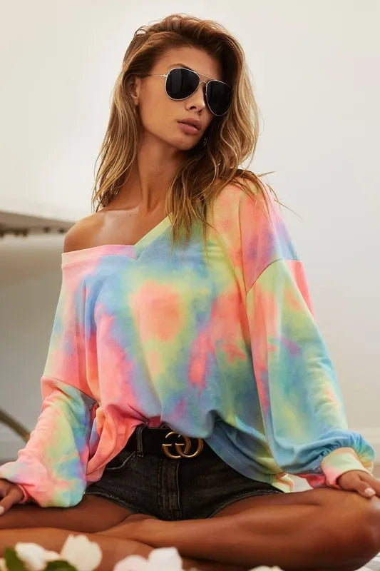 women's bibi tie dye french terry v neck top - back view