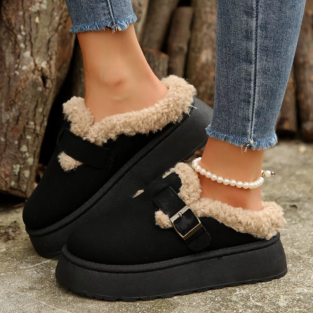 women's fuzzy trim buckle platform slippers - main product image