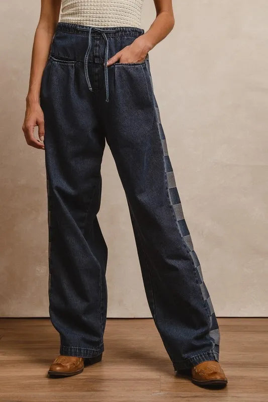bibi washed denim mix and match long pants shown as women’s outerwear