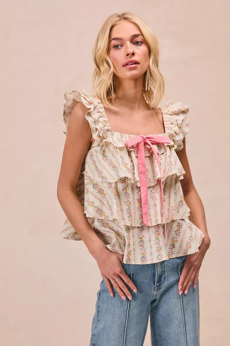 women's bibi floral printed woven front bow tied ruffled square neck sleeveless top - extra view