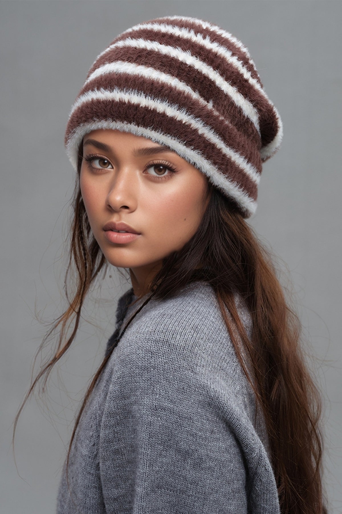 Fuzzy Contrast Striped Thermal Hat Brown White One Size