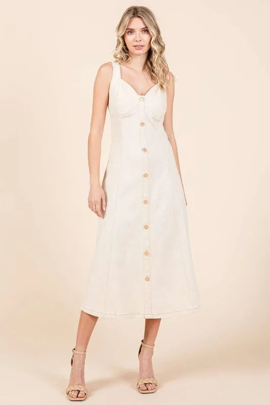 Mittoshop Stretch Twill Decor Button Sleeveless Midi Dress Sand