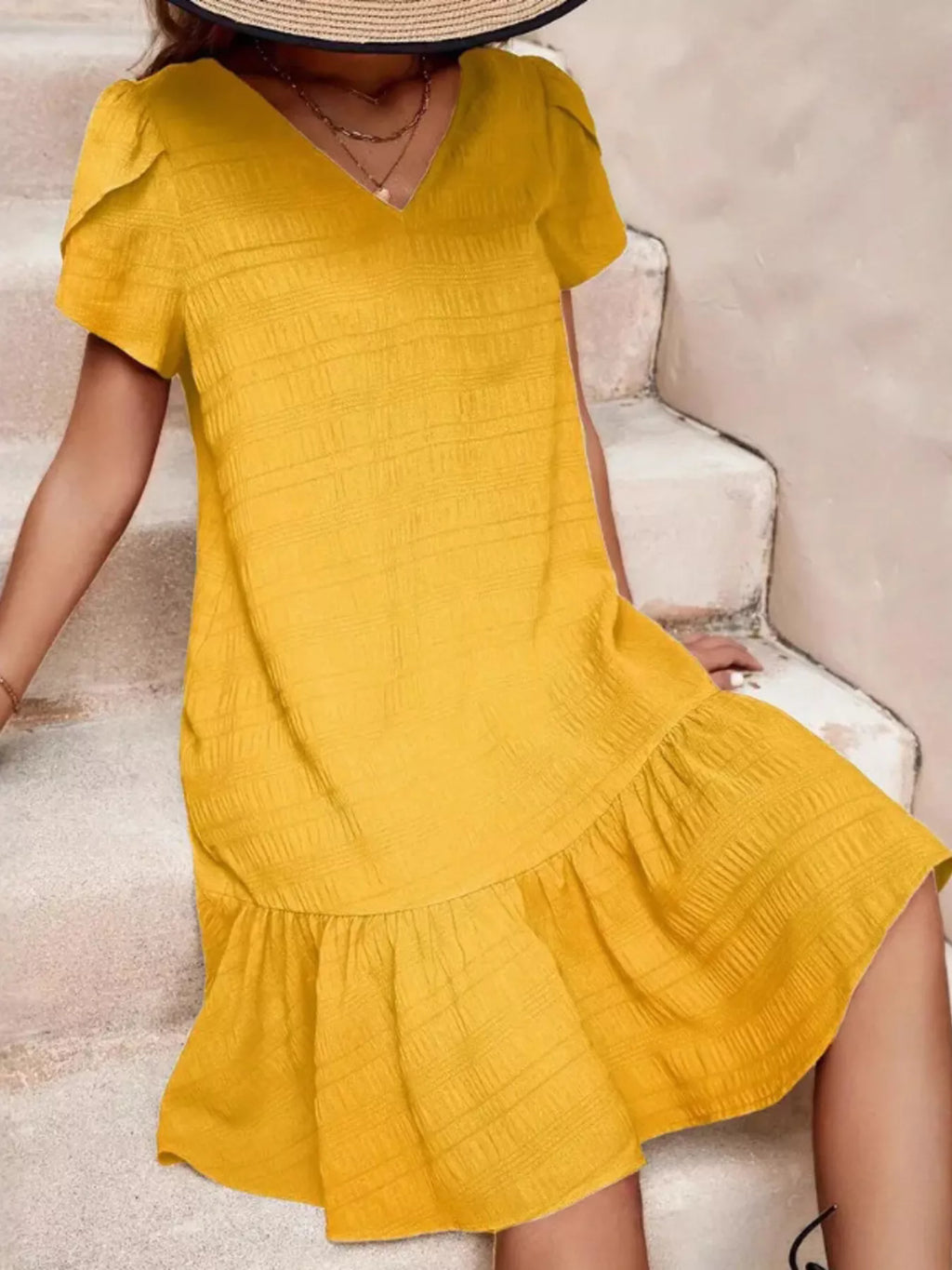 women's v-neck ruffle hem textured mini dress - product detail