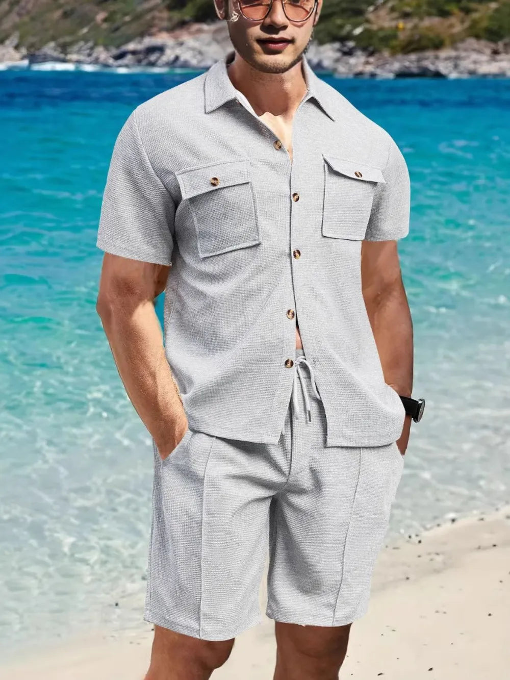 Men's Full Size Button Down Short Sleeve Top and Shorts Set Plus Size Gray