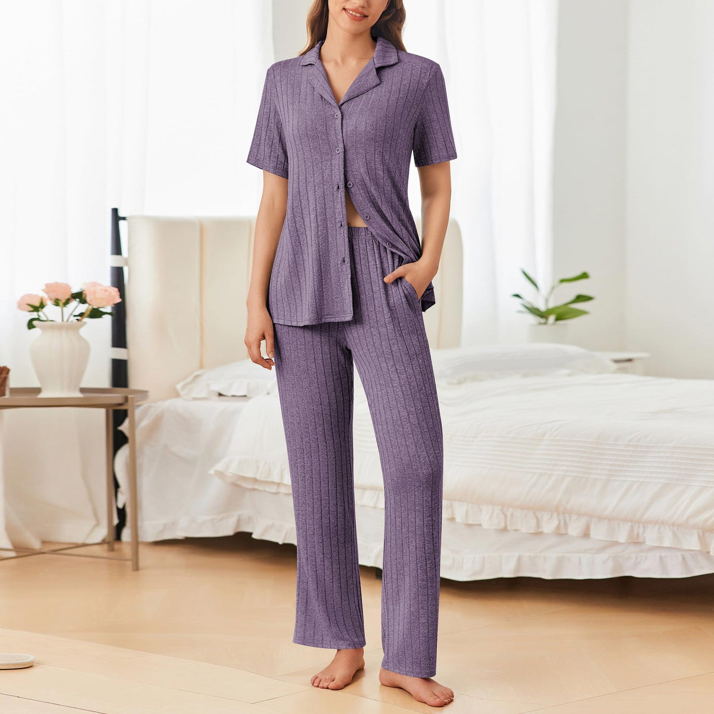 Button Down Long Sleeve Top and Pants Lounge Set Mauve