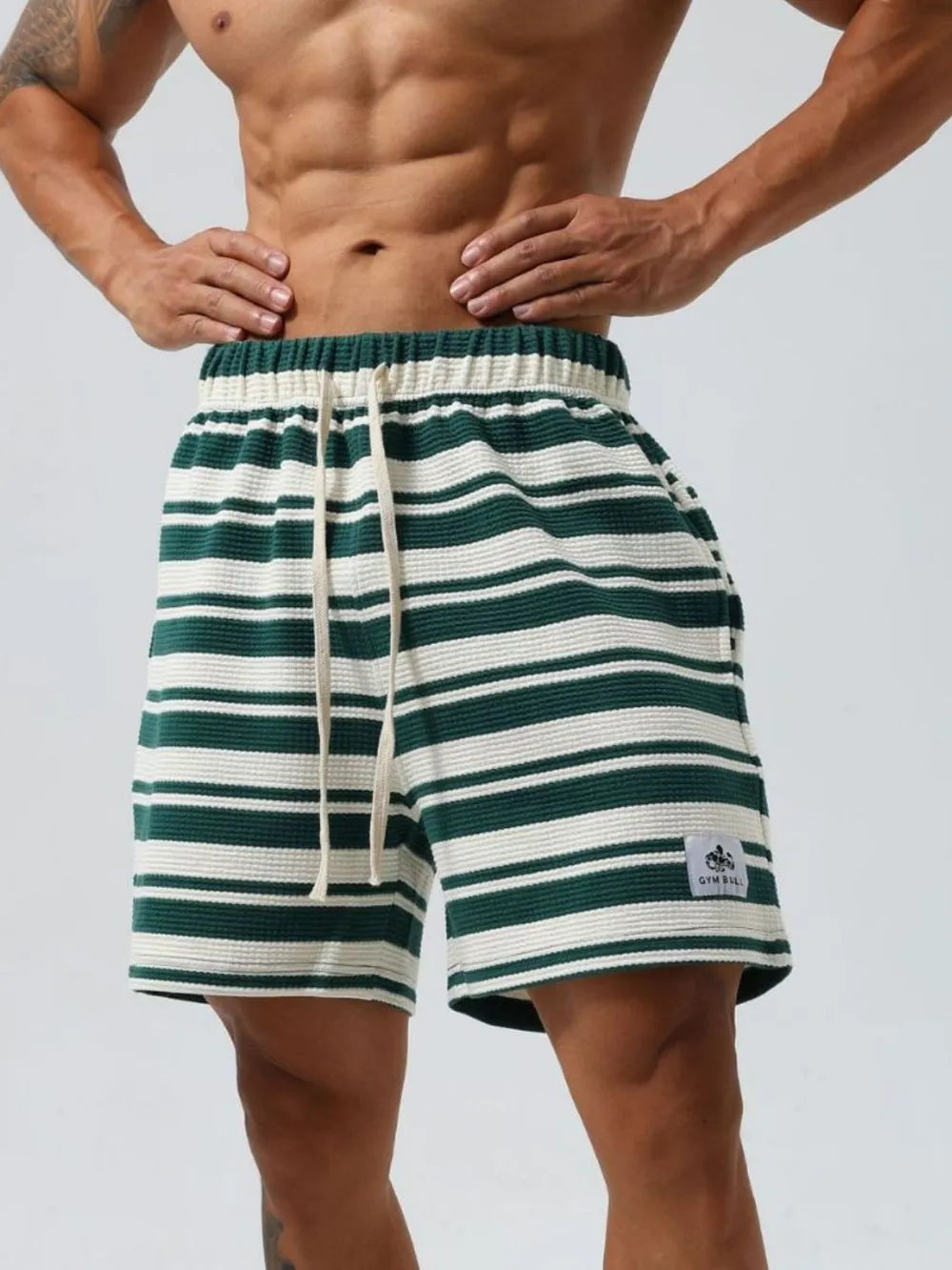 Men's Plus Size Drawstring Striped Shorts Dark Green