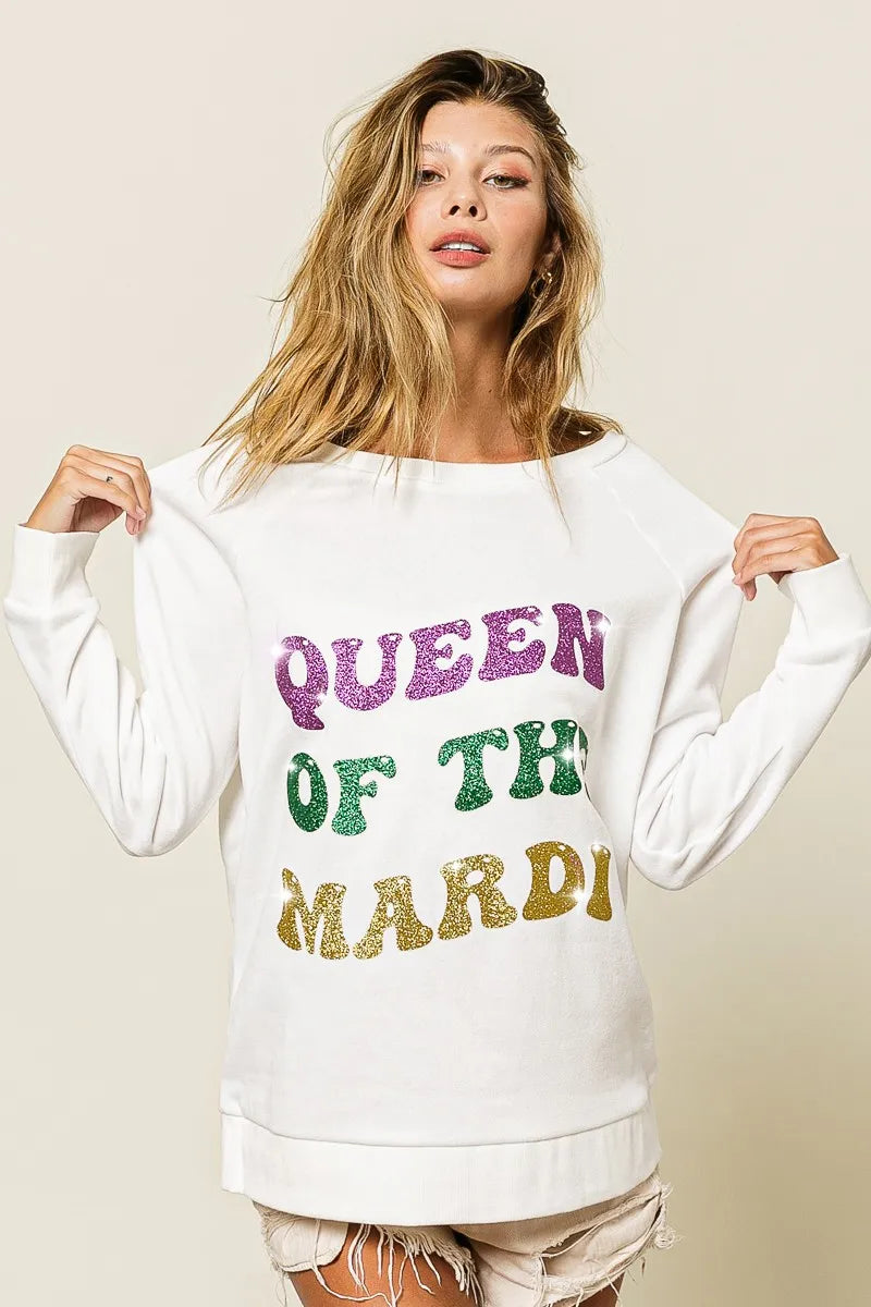 women's bibi queen of mardi glitter print mardi gras sweatshirt - back view