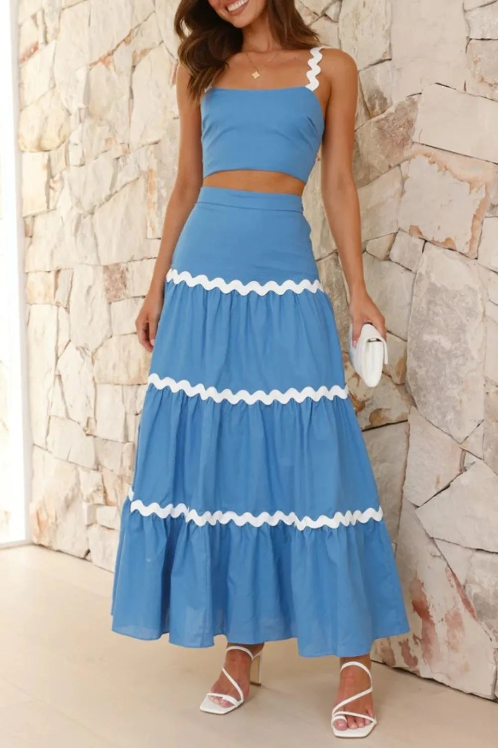 Contrast Trim Cami and Maxi Skirt Set Sky Blue