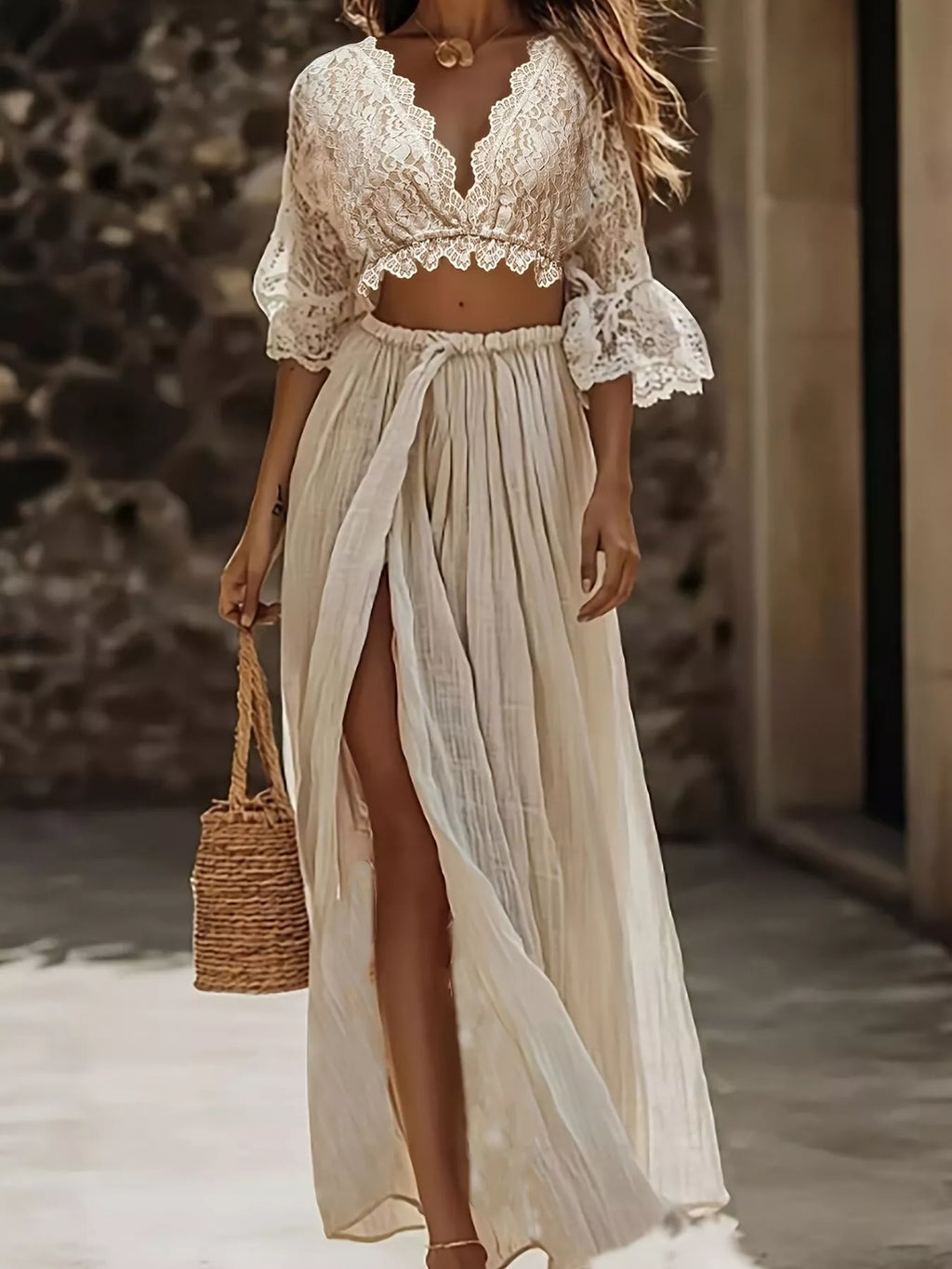 women's lace crop top and slit maxi skirt set - product showcase