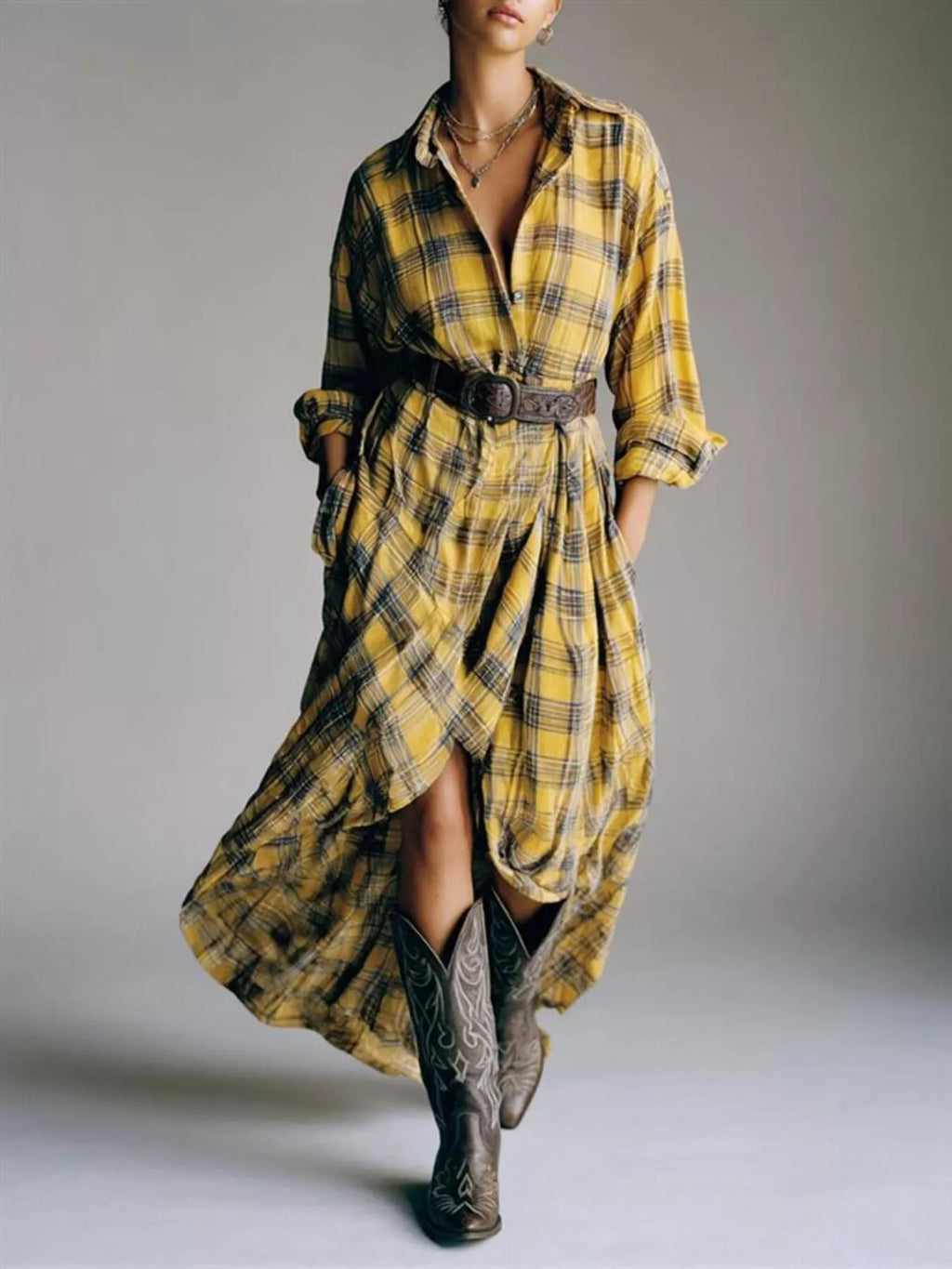women's full size plaid high-low long sleeve shirt dress plus size - front view