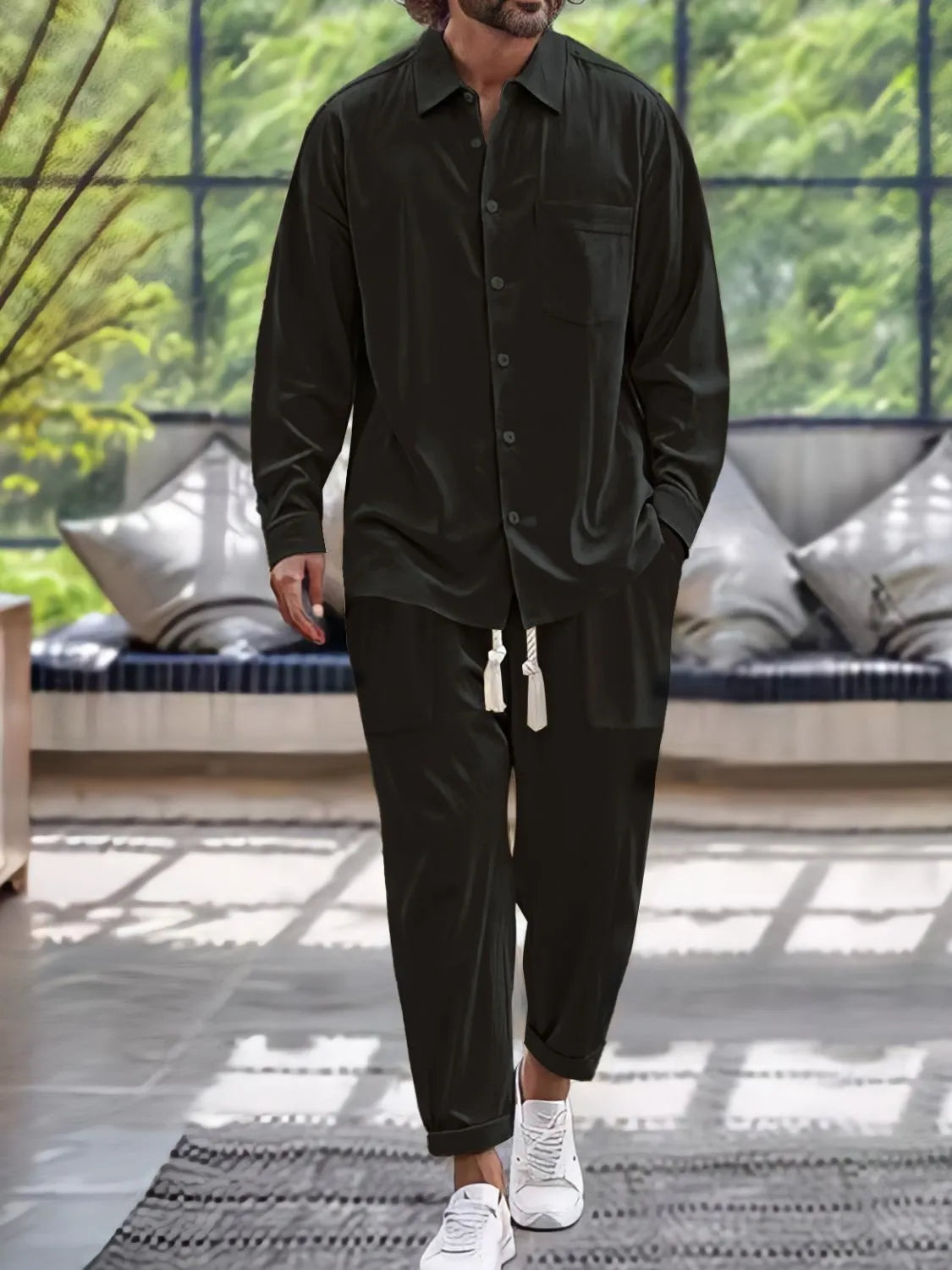 men's men's button down long sleeve shirt and pants set - extra view