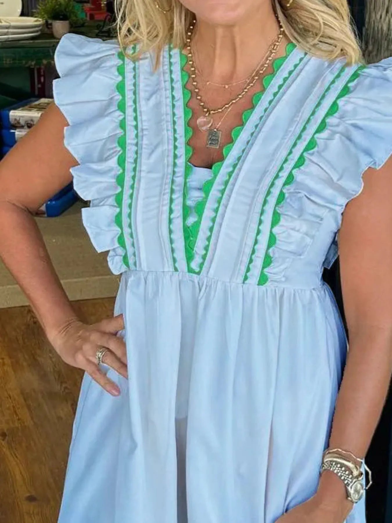 Full Size Contrast Trim Ruffled Cap Sleeve Dress Plus Size