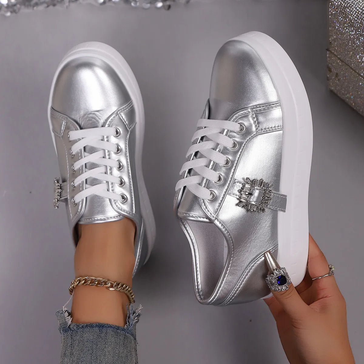 women's rhinestone embellishment platform sneakers - styling option