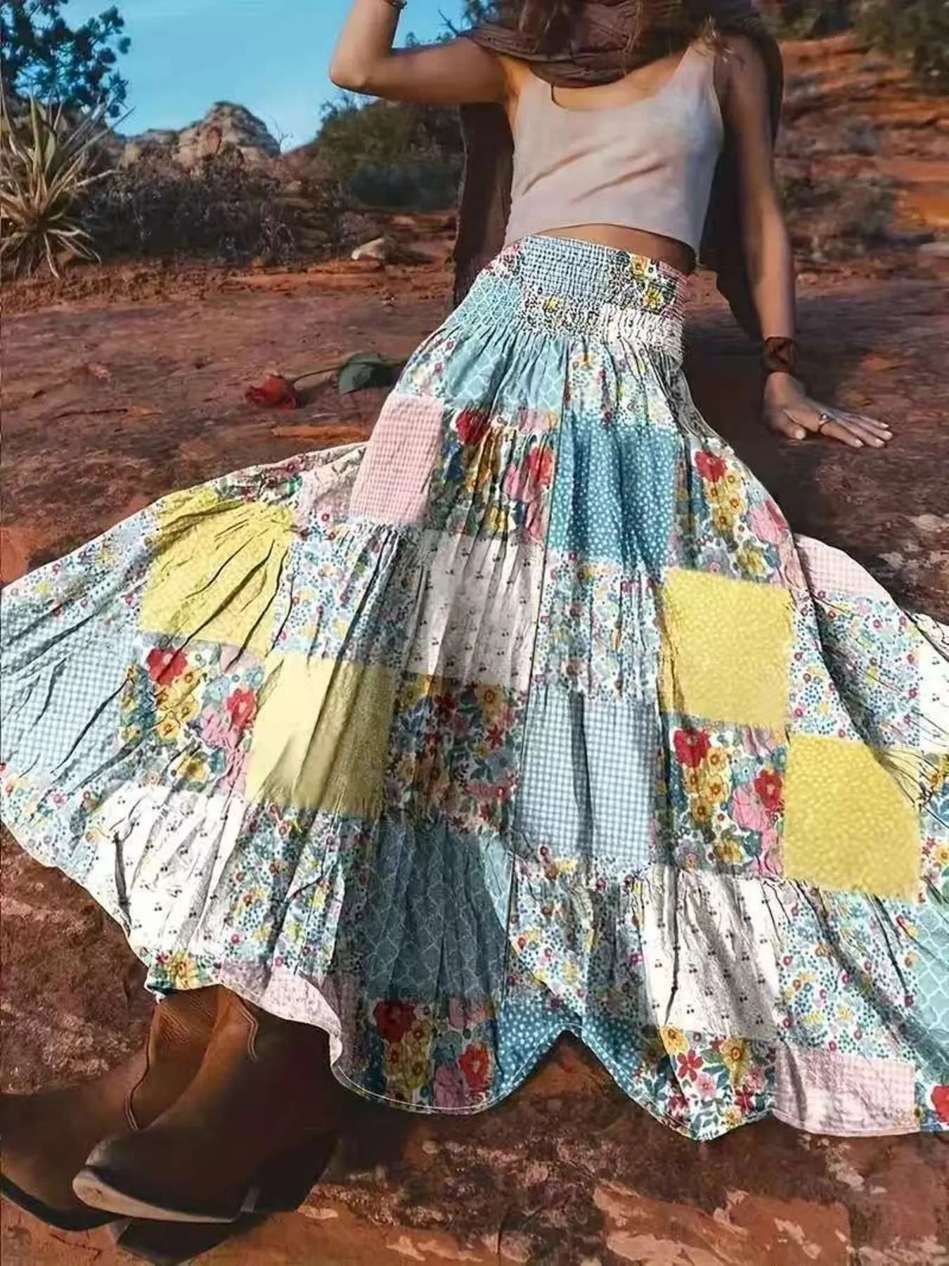 Smocked Waist Printed Maxi Skirt Red