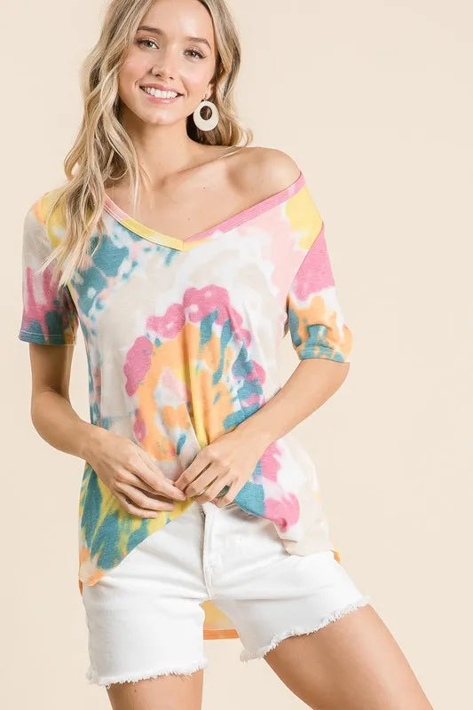 women's bibi circular tie dye print v neck top - styling option