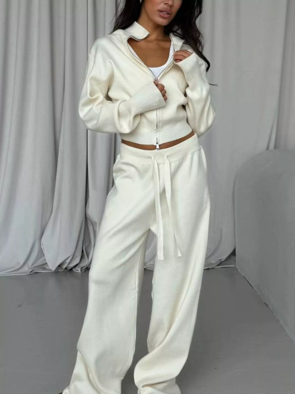 women's zip-up outerwear and  drawstring pants set - second view